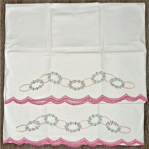 Vtg Set of 2 Embroidered Needlepoint Crocheted Pillowcase Pink Floral Rings